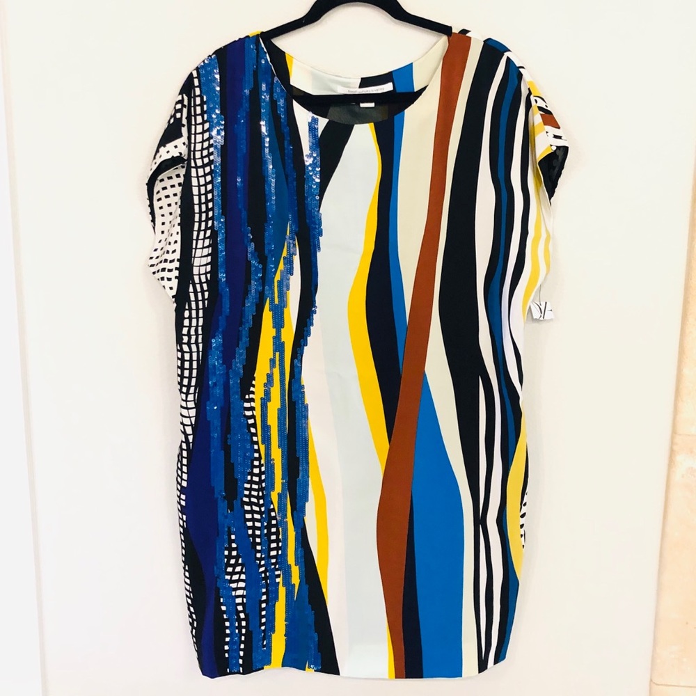 DVF Multicolor Striped Sequin Silk Shift Dress